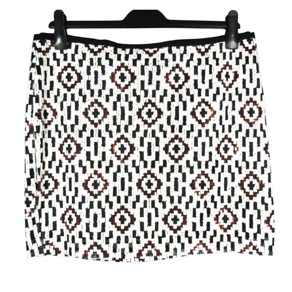 NWT HALOGEN Lined Mesh WHITE & BROWN SEQUIN Mini Pencil Skirt PARTY CLUB sz 14